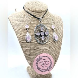 Clear Pink Chalcedony Pendant & Earrings Set